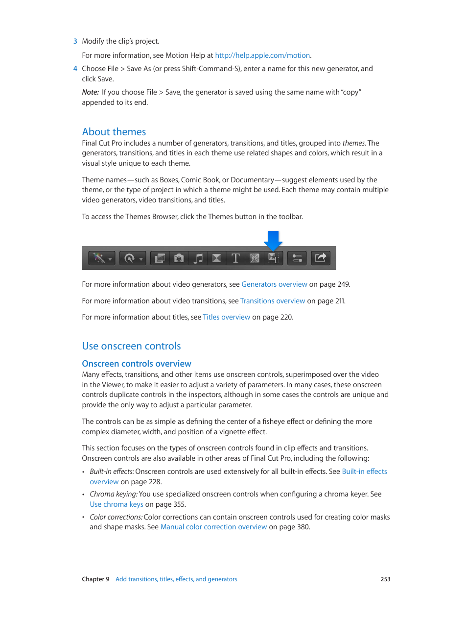 About themes, Use onscreen controls, Onscreen controls overview | 253 about themes 253 use onscreen controls 253, Onscreen, Controls overview | Apple Final Cut Pro X (10.1.2) User Manual | Page 253 / 495