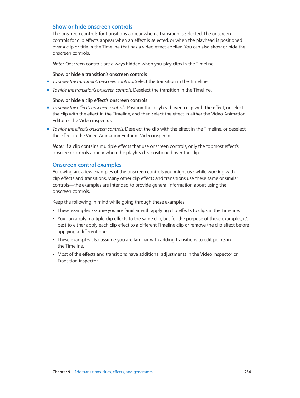 Show or hide onscreen controls, Onscreen control examples | Apple Final Cut Pro X (10.1.2) User Manual | Page 254 / 495