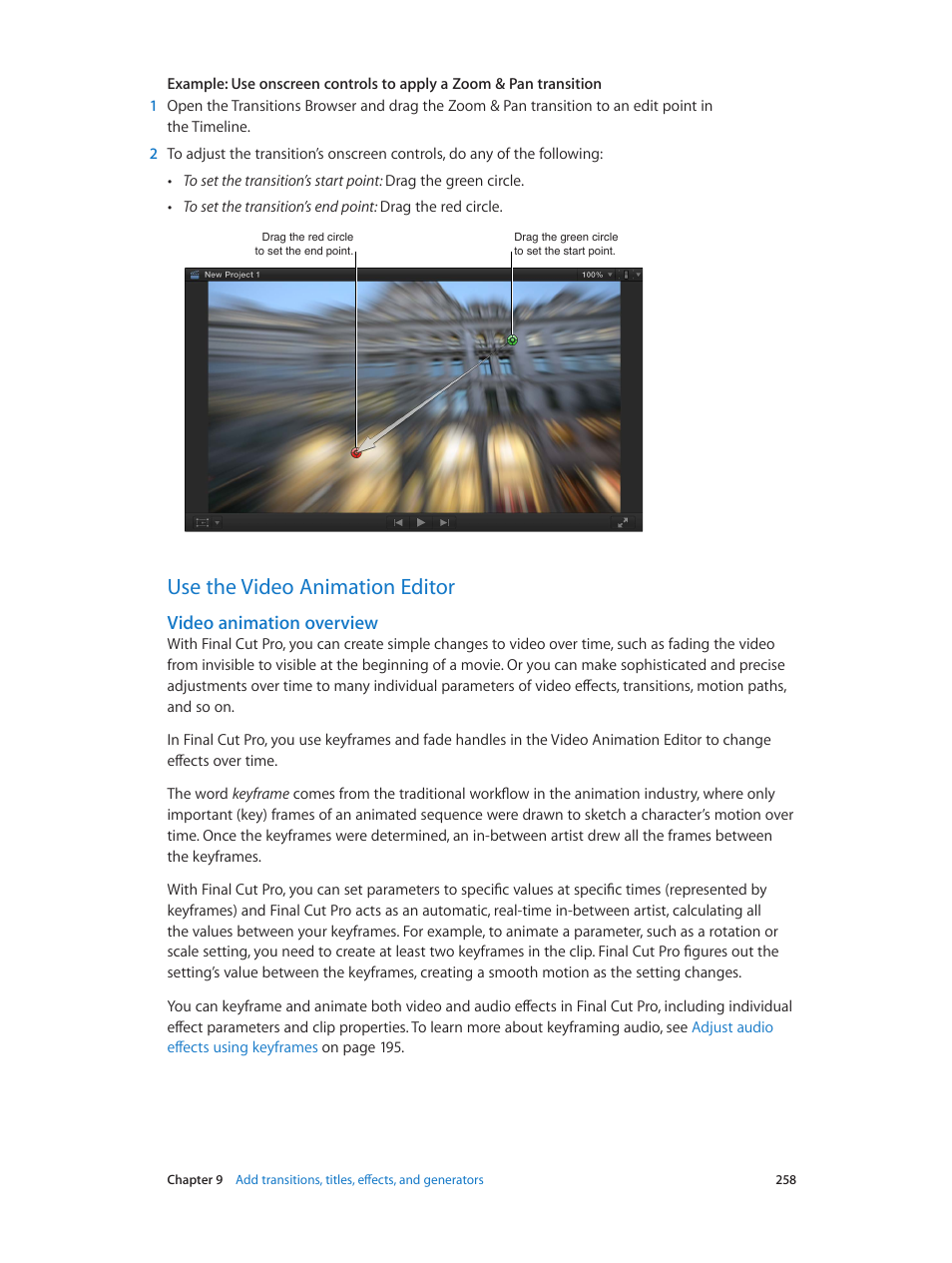 Use the video animation editor, Video animation overview, 258 use the video animation editor 258 | Video, Animation overview | Apple Final Cut Pro X (10.1.2) User Manual | Page 258 / 495