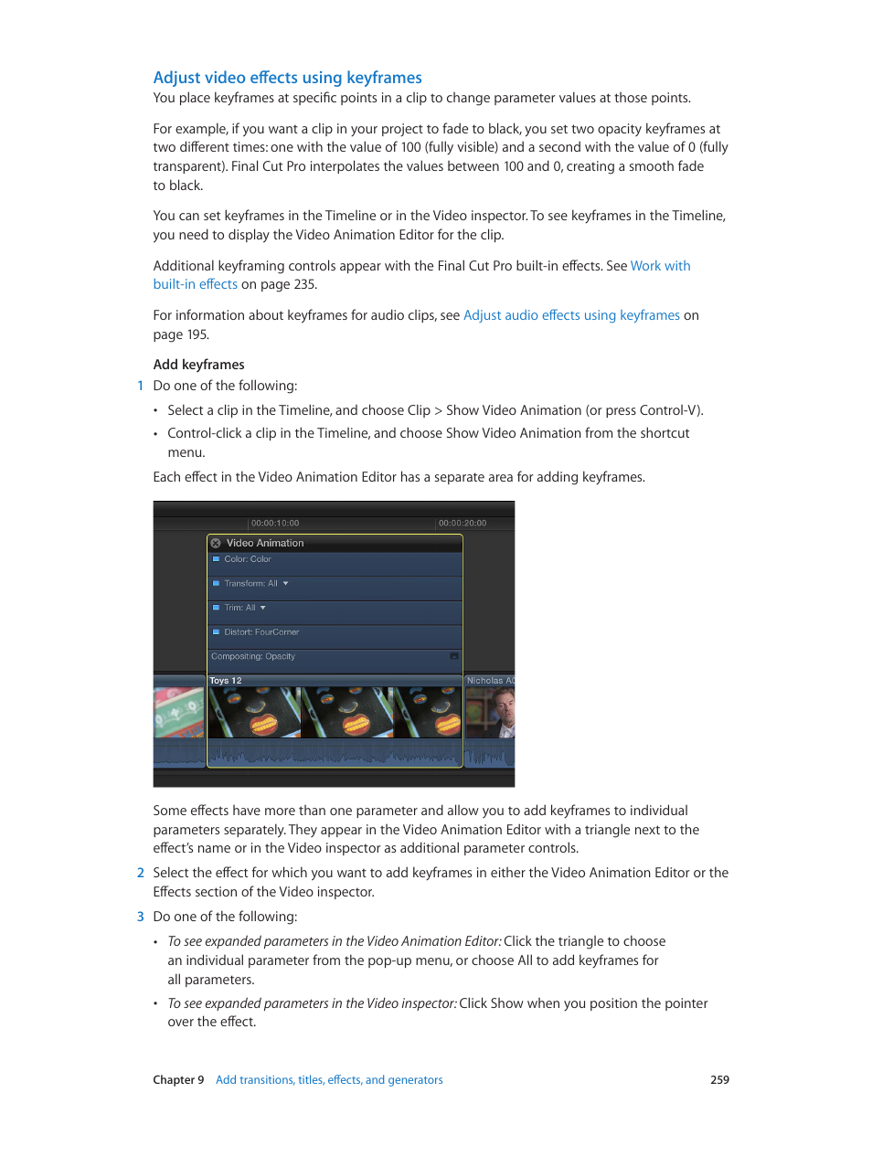 Adjust video effects using keyframes | Apple Final Cut Pro X (10.1.2) User Manual | Page 259 / 495
