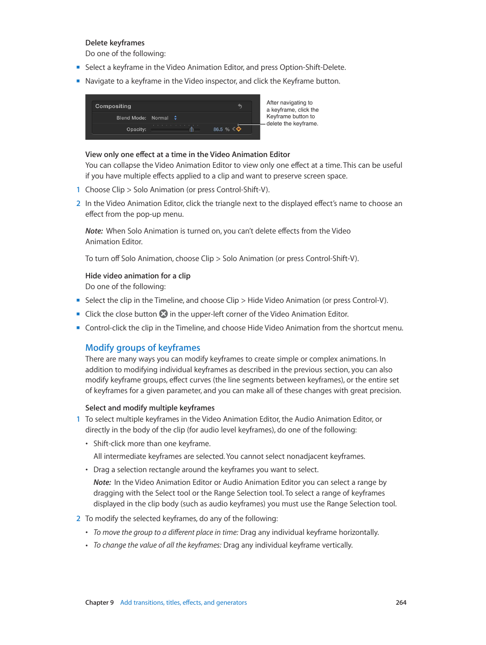 Modify groups of keyframes, Modify groups, Of keyframes | Apple Final Cut Pro X (10.1.2) User Manual | Page 264 / 495
