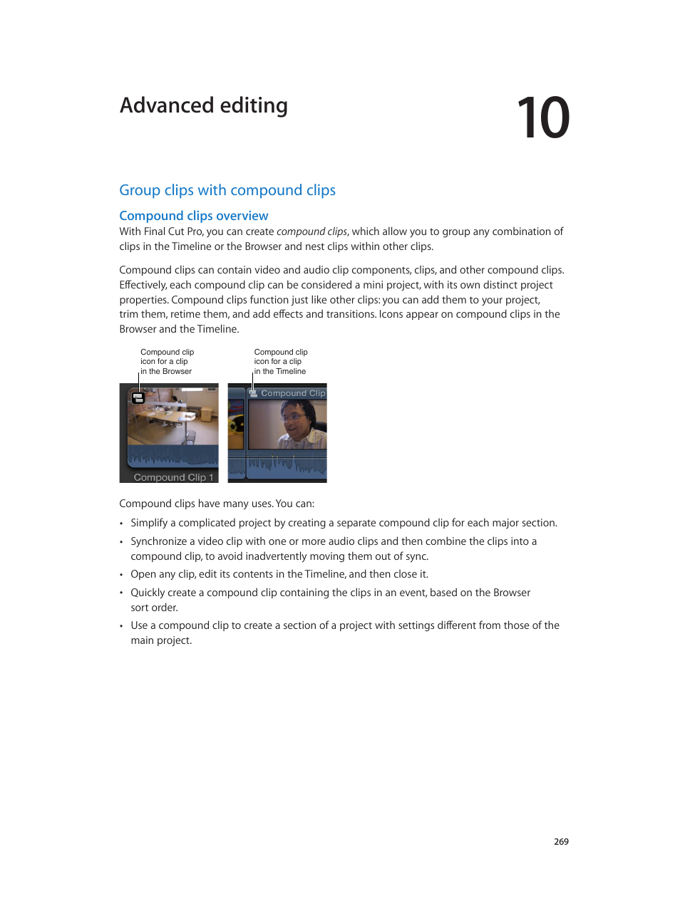 Chapter 10: advanced editing, Group clips with compound clips, Compound clips overview | 269 group clips with compound clips 269, 269 and, Advanced editing | Apple Final Cut Pro X (10.1.2) User Manual | Page 269 / 495