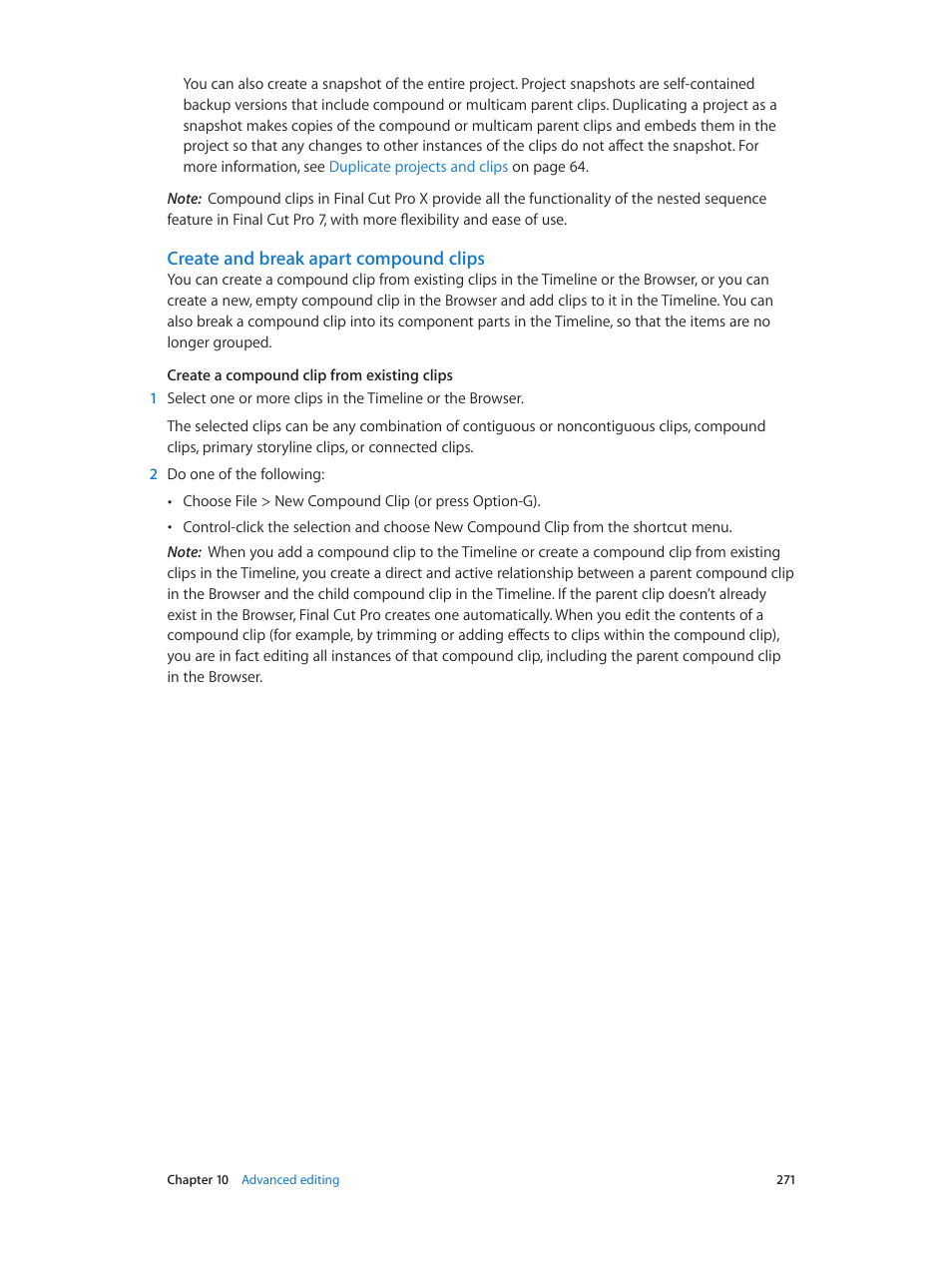 Create and break apart compound clips | Apple Final Cut Pro X (10.1.2) User Manual | Page 271 / 495