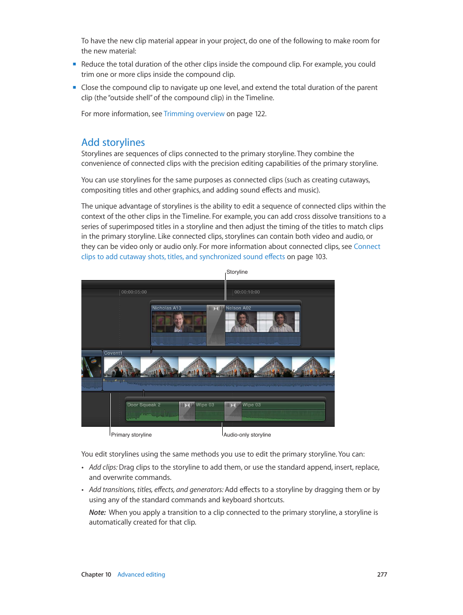 Add storylines, 277 add storylines | Apple Final Cut Pro X (10.1.2) User Manual | Page 277 / 495