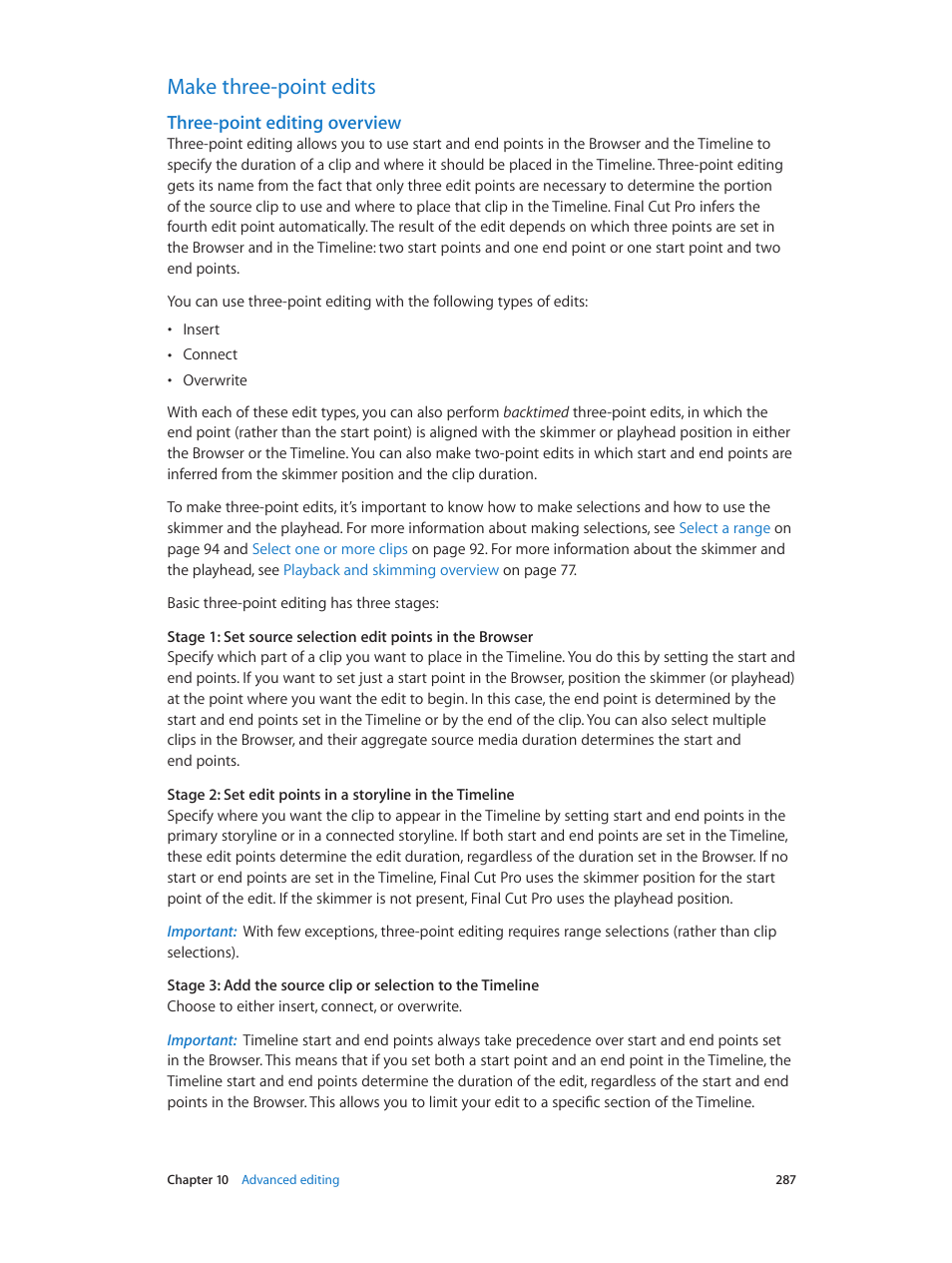 Make three-point edits, Three-point editing overview, 287 make three-point edits 287 | Three-point, Editing overview, Three, Point editing overview | Apple Final Cut Pro X (10.1.2) User Manual | Page 287 / 495