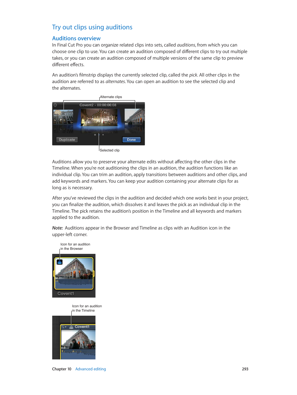 Try out clips using auditions, Auditions overview, 293 try out clips using auditions 293 | Apple Final Cut Pro X (10.1.2) User Manual | Page 293 / 495