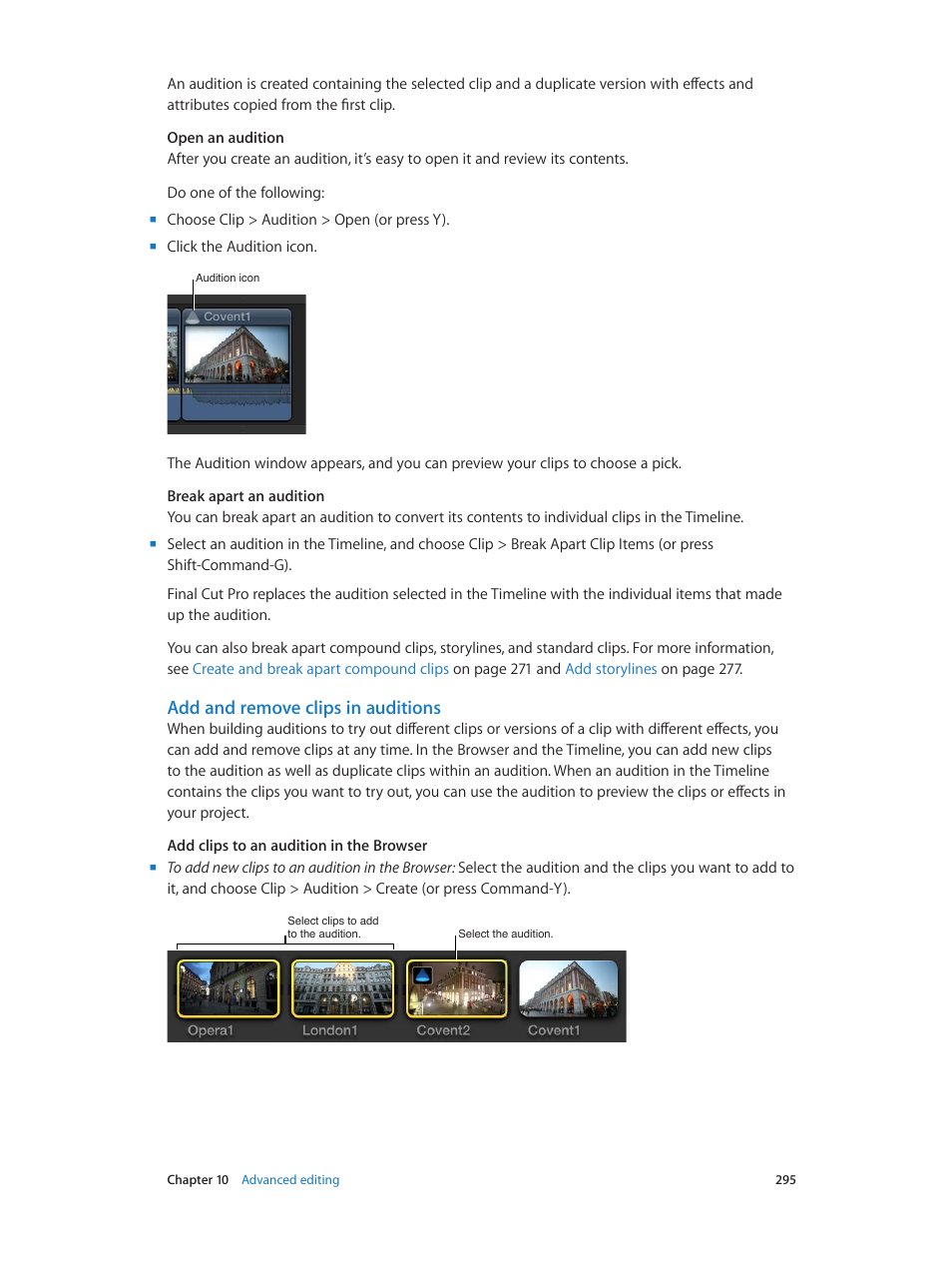 Add and remove clips in auditions | Apple Final Cut Pro X (10.1.2) User Manual | Page 295 / 495