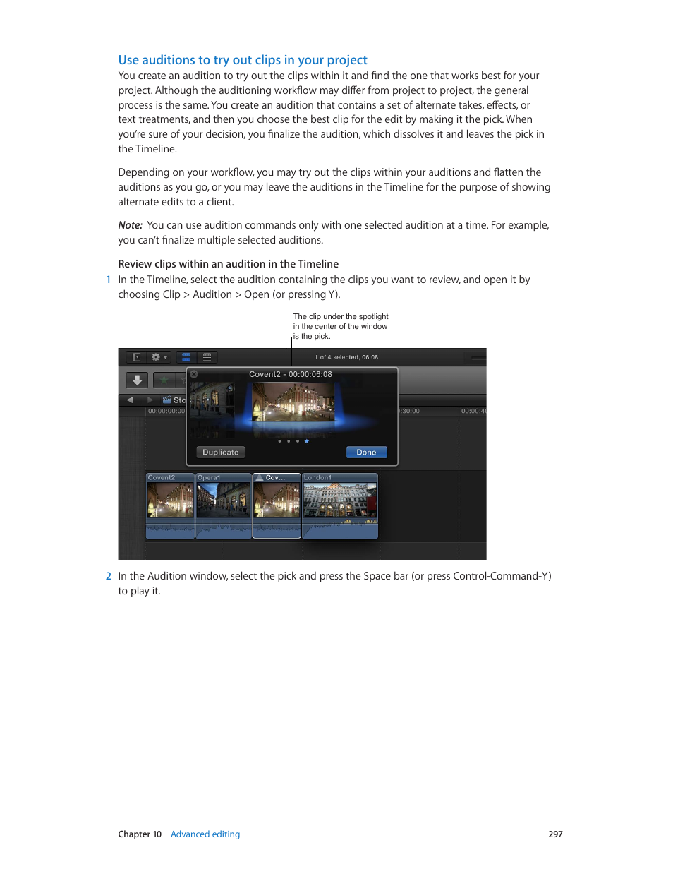 Use auditions to try out clips in your project | Apple Final Cut Pro X (10.1.2) User Manual | Page 297 / 495