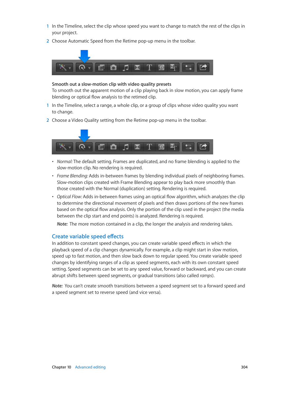 Create variable speed effects | Apple Final Cut Pro X (10.1.2) User Manual | Page 304 / 495