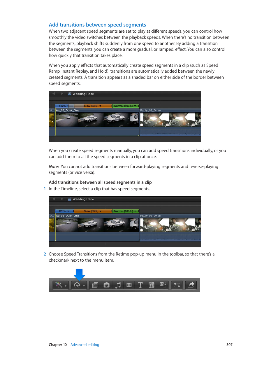Add transitions between speed segments | Apple Final Cut Pro X (10.1.2) User Manual | Page 307 / 495