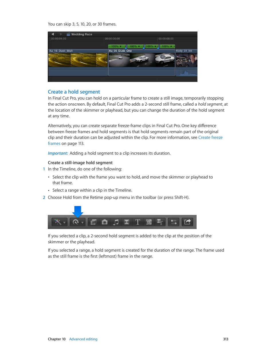 Create a hold segment | Apple Final Cut Pro X (10.1.2) User Manual | Page 313 / 495