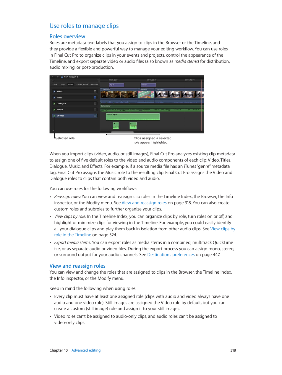 Use roles to manage clips, Roles overview, View and reassign roles | 318 use roles to manage clips 318 | Apple Final Cut Pro X (10.1.2) User Manual | Page 318 / 495