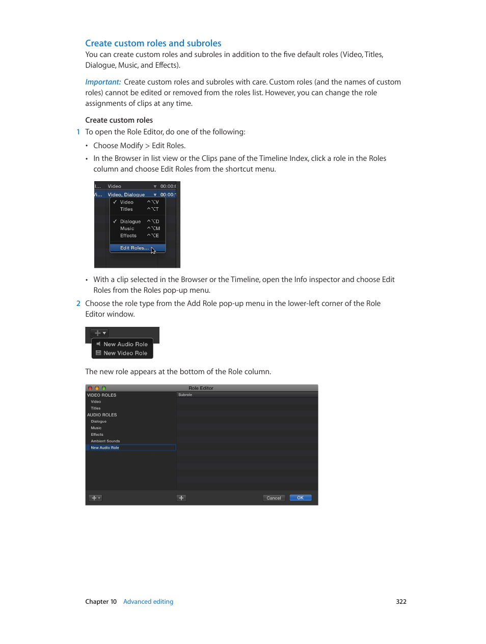 Create custom roles and subroles | Apple Final Cut Pro X (10.1.2) User Manual | Page 322 / 495