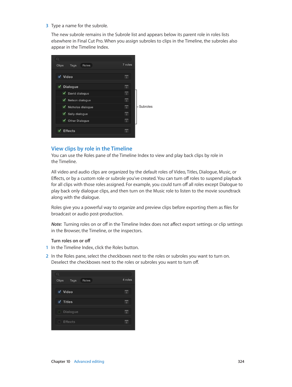 View clips by role in the timeline, View clips by, Role in the timeline | Apple Final Cut Pro X (10.1.2) User Manual | Page 324 / 495