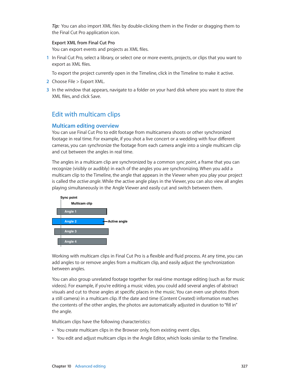 Edit with multicam clips, Multicam editing overview, 327 edit with multicam clips 327 | Apple Final Cut Pro X (10.1.2) User Manual | Page 327 / 495