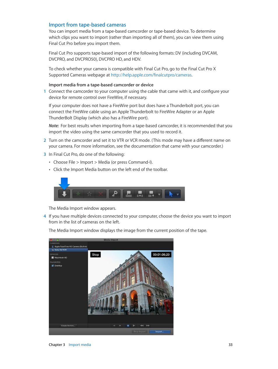 Import from tape-based cameras | Apple Final Cut Pro X (10.1.2) User Manual | Page 33 / 495