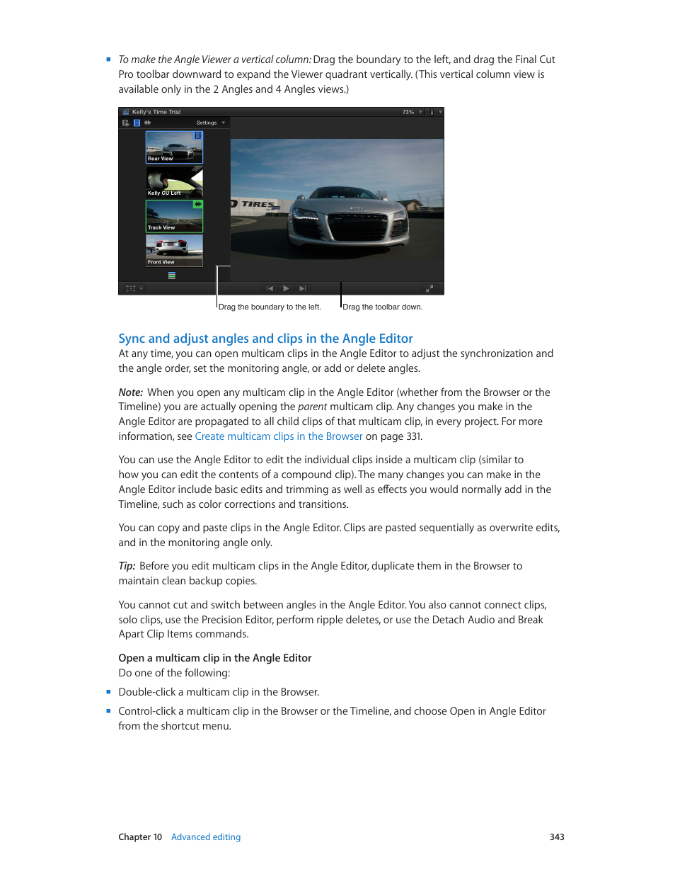 Sync and adjust angles and clips in the angle, Editor | Apple Final Cut Pro X (10.1.2) User Manual | Page 343 / 495