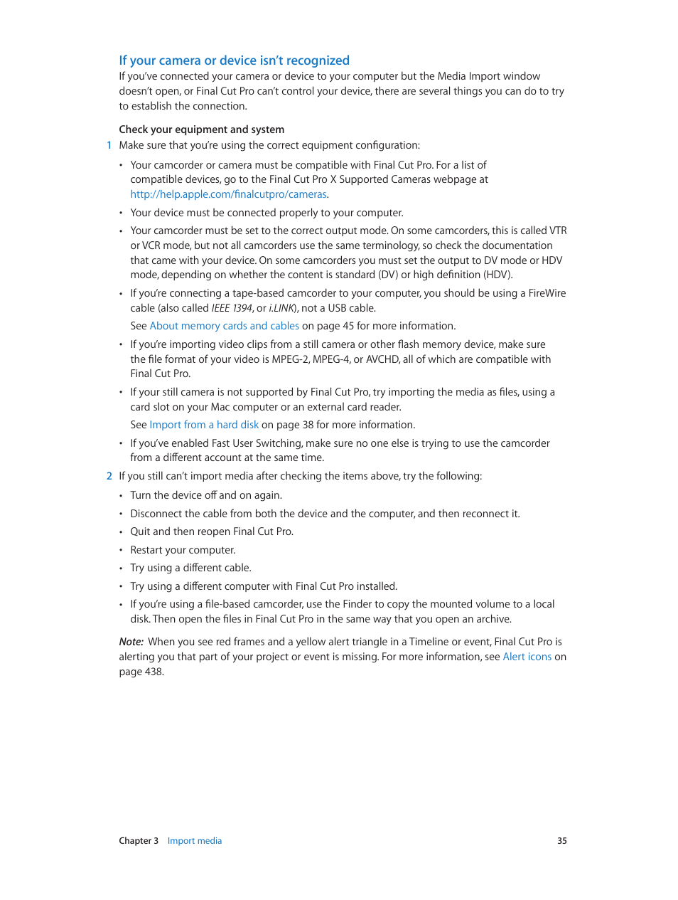If your camera or device isn’t recognized | Apple Final Cut Pro X (10.1.2) User Manual | Page 35 / 495