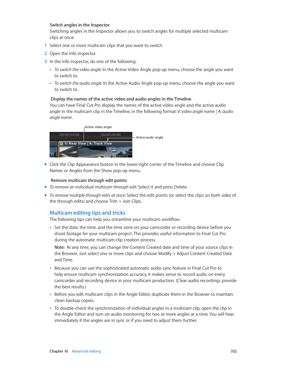 Multicam editing tips and tricks | Apple Final Cut Pro X (10.1.2) User Manual | Page 352 / 495