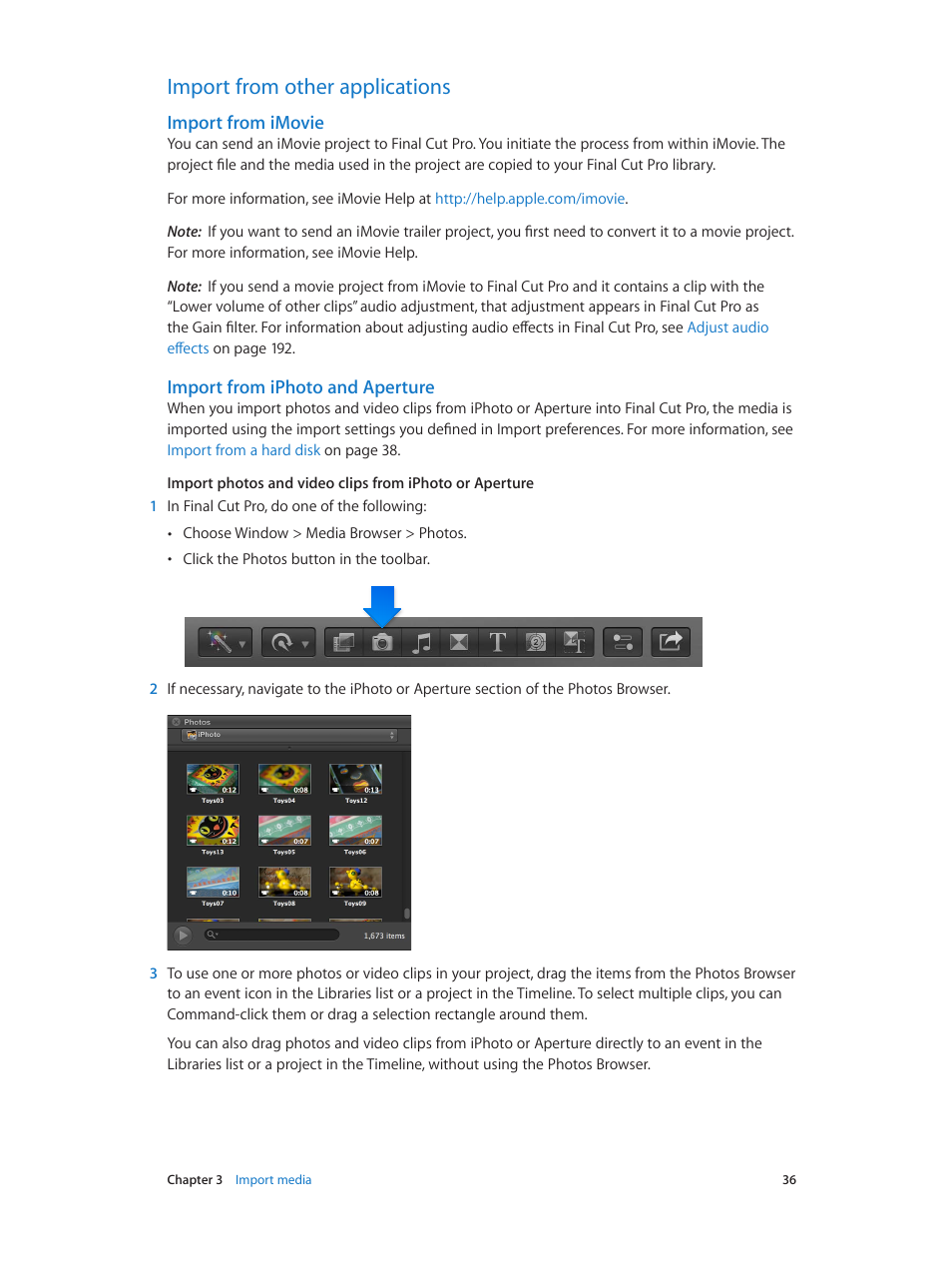 Import from other applications, Import from imovie, Import from iphoto and aperture | 36 import from other applications 36 | Apple Final Cut Pro X (10.1.2) User Manual | Page 36 / 495