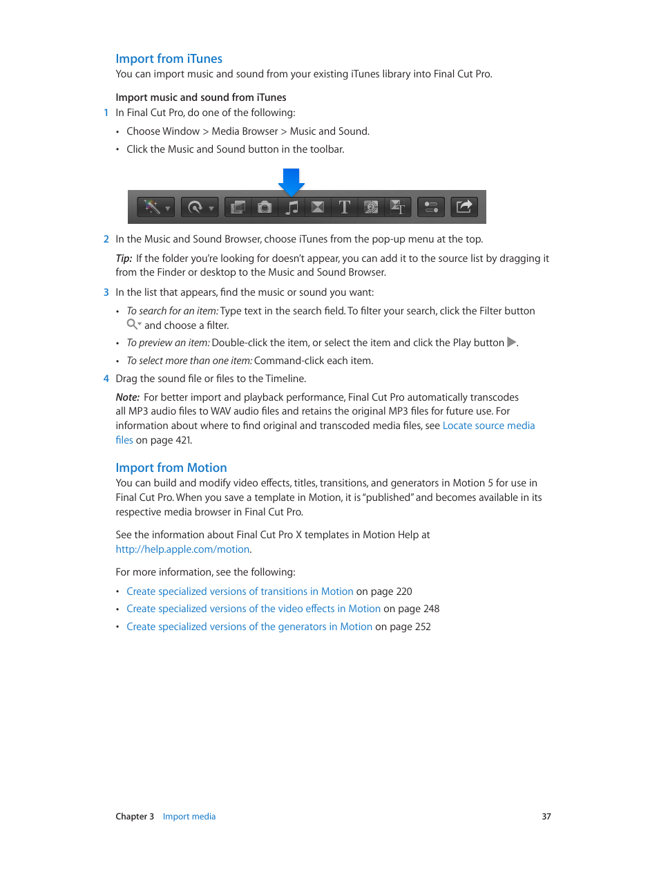 Import from itunes, Import from motion | Apple Final Cut Pro X (10.1.2) User Manual | Page 37 / 495