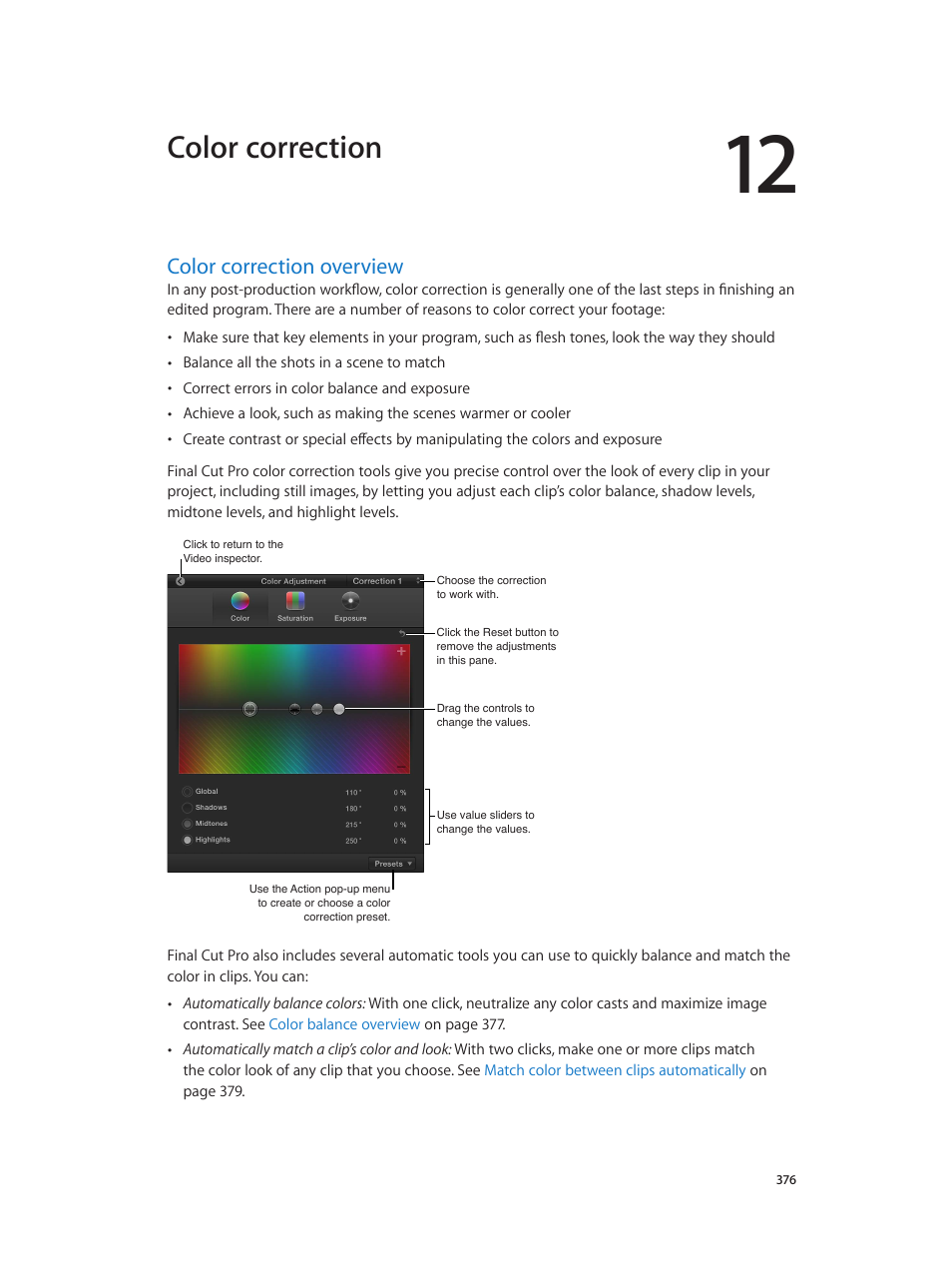 Chapter 12: color correction, Color correction overview, 376 color correction overview | Color correction, Overview | Apple Final Cut Pro X (10.1.2) User Manual | Page 376 / 495