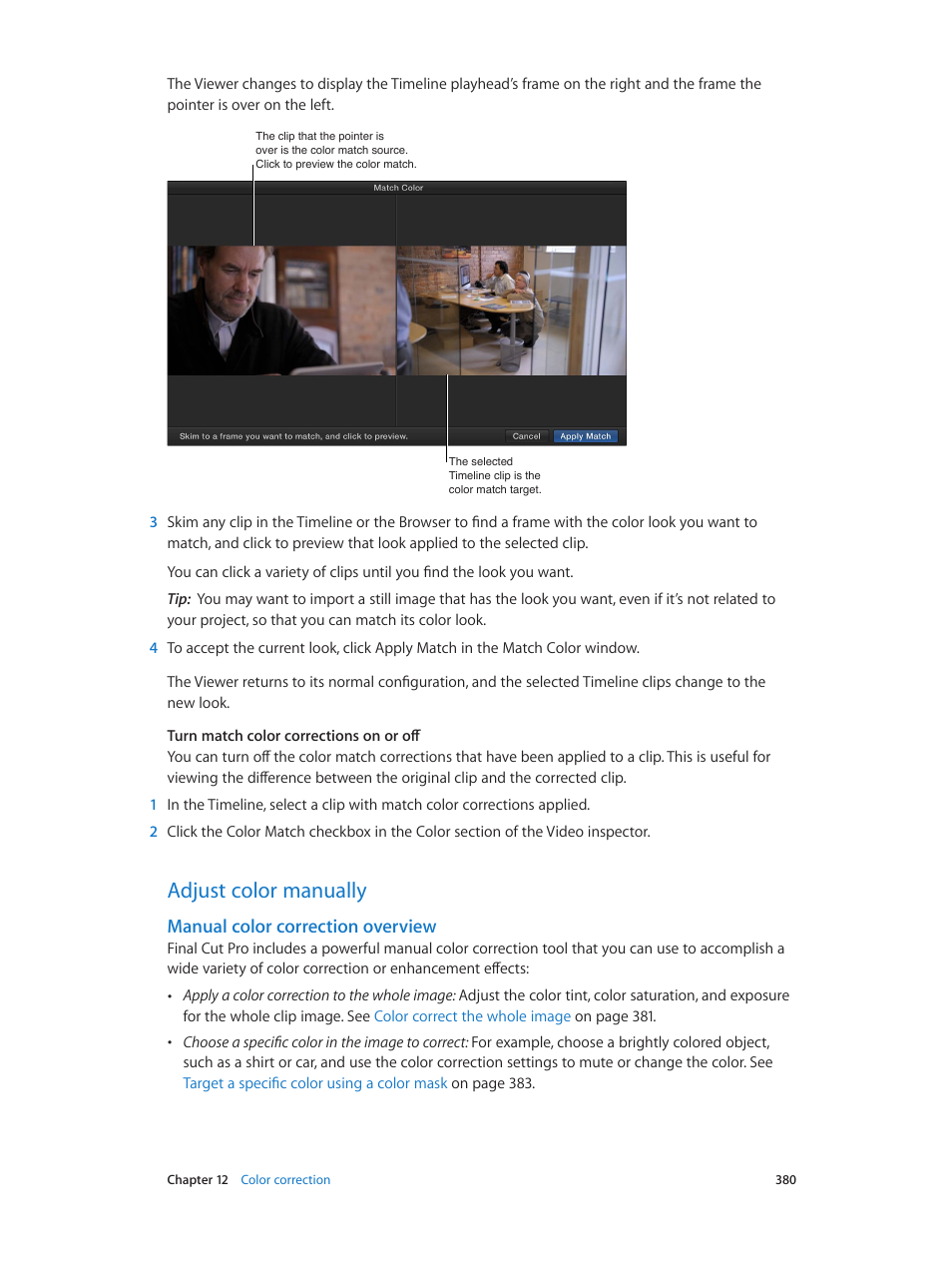 Adjust color manually, Manual color correction overview, 380 adjust color manually 380 | Manual color correction, Overview | Apple Final Cut Pro X (10.1.2) User Manual | Page 380 / 495