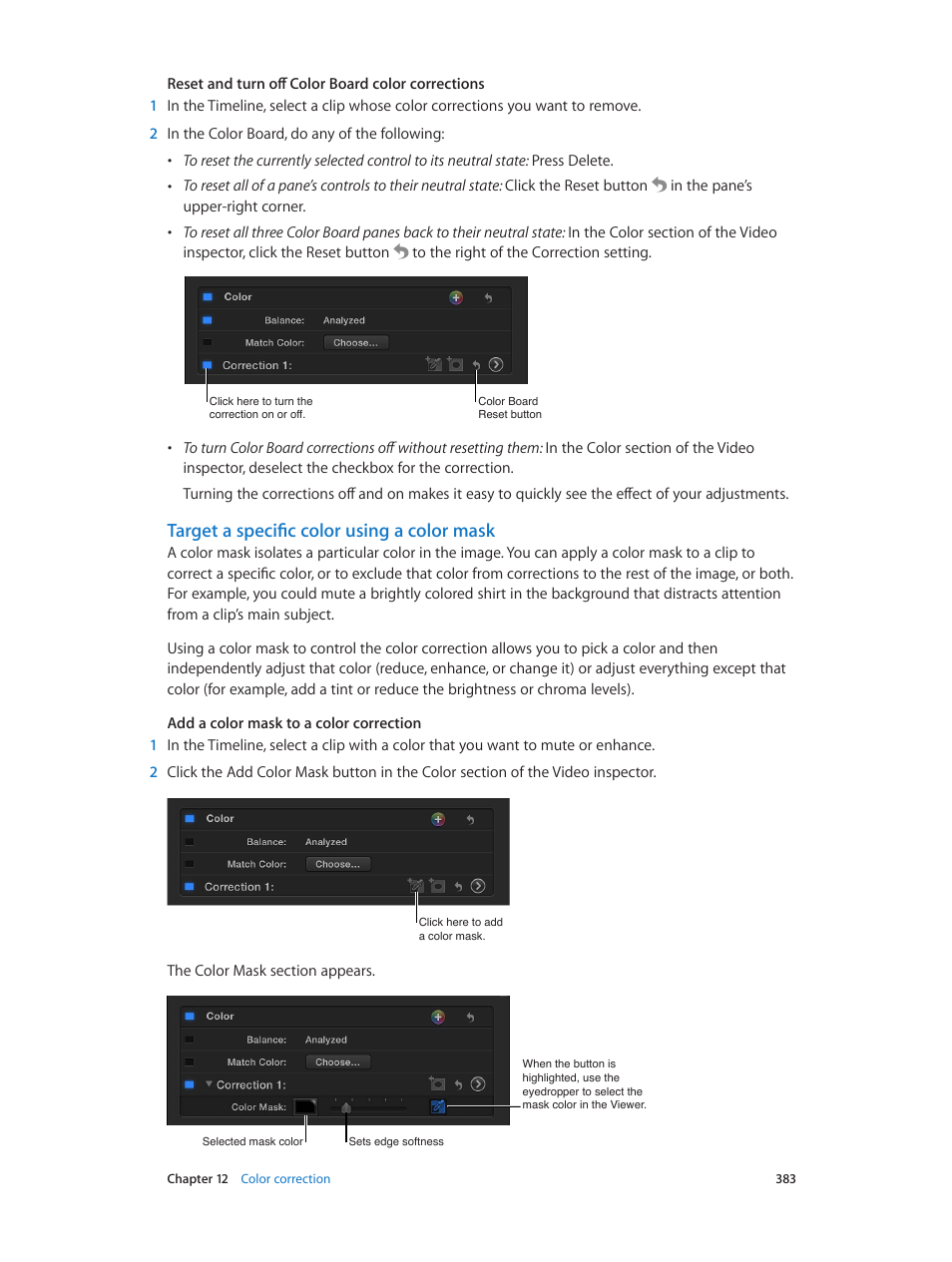 Target a specific color using a color mask | Apple Final Cut Pro X (10.1.2) User Manual | Page 383 / 495