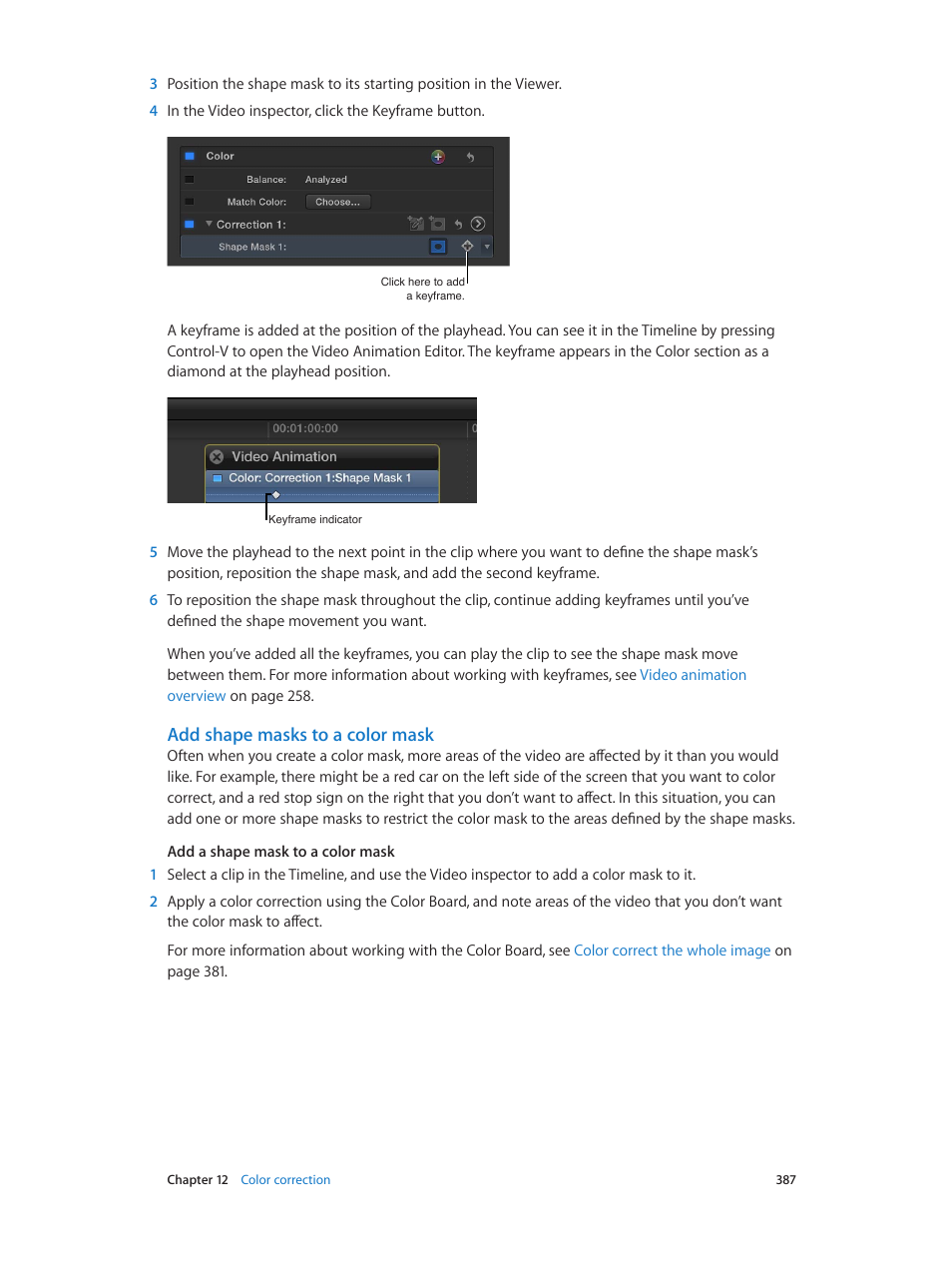 Add shape masks to a color mask, Add shape, Masks to a color mask | Apple Final Cut Pro X (10.1.2) User Manual | Page 387 / 495
