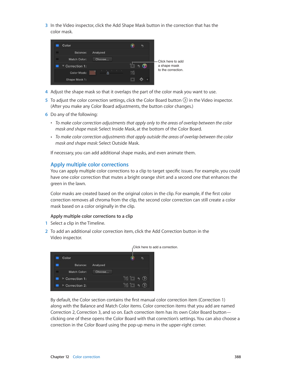 Apply multiple color corrections | Apple Final Cut Pro X (10.1.2) User Manual | Page 388 / 495