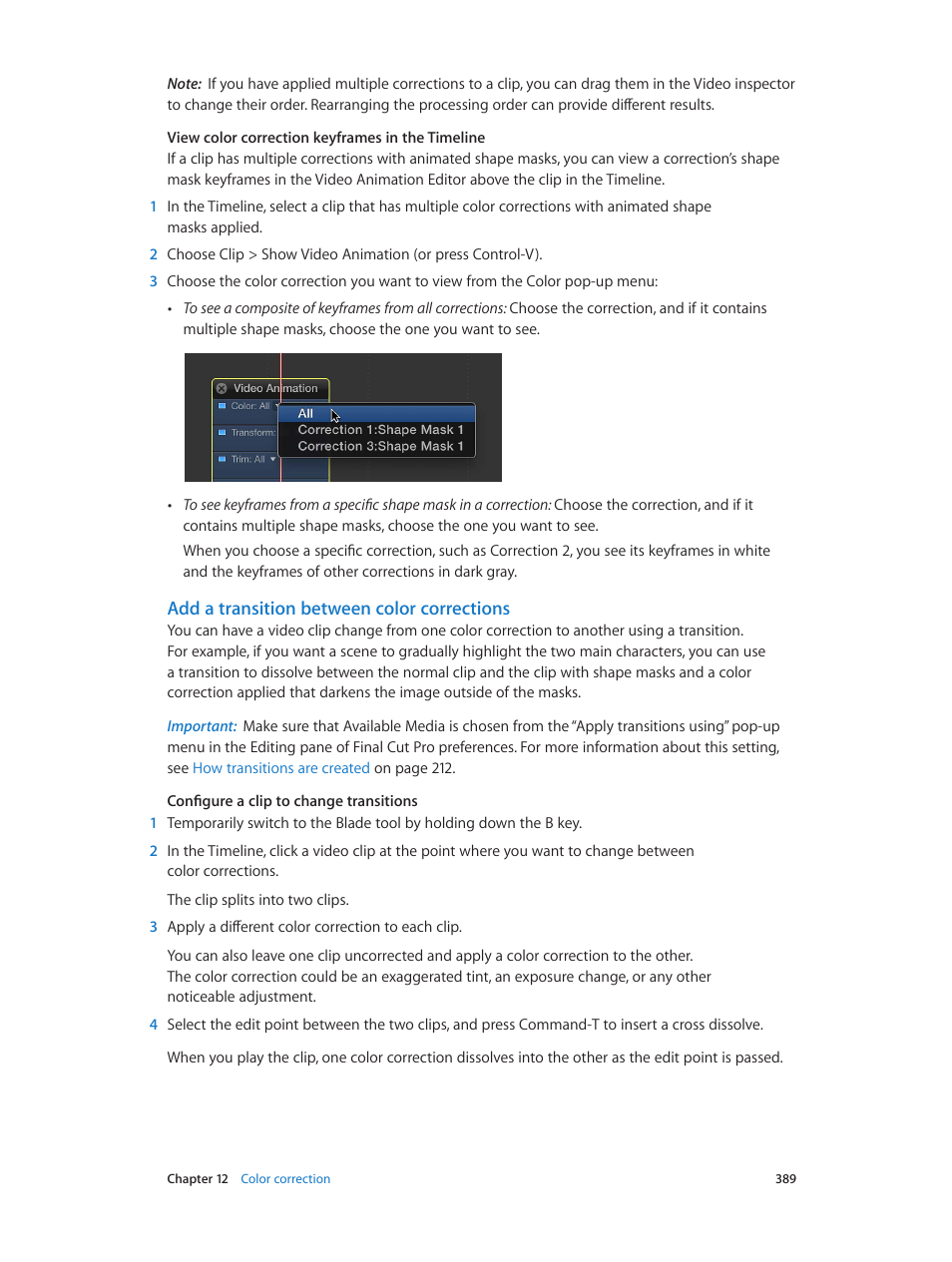 Add a transition between color corrections | Apple Final Cut Pro X (10.1.2) User Manual | Page 389 / 495
