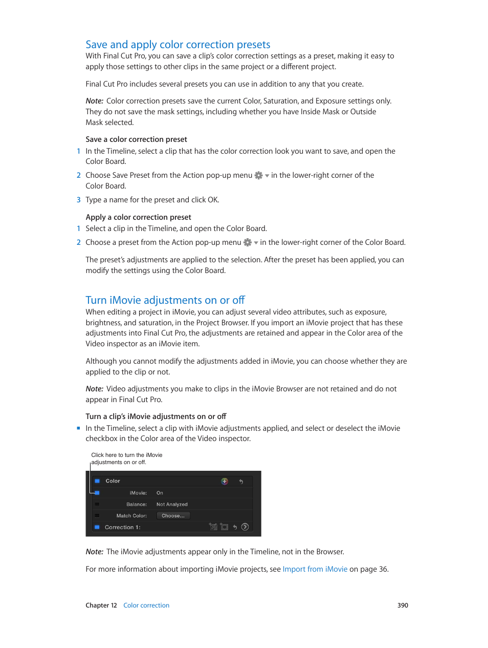 Save and apply color correction presets, Turn imovie adjustments on or off, Save and apply color | Correction presets | Apple Final Cut Pro X (10.1.2) User Manual | Page 390 / 495