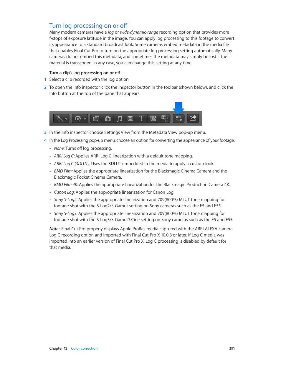 Turn log processing on or off, 391 turn log processing on or off | Apple Final Cut Pro X (10.1.2) User Manual | Page 391 / 495