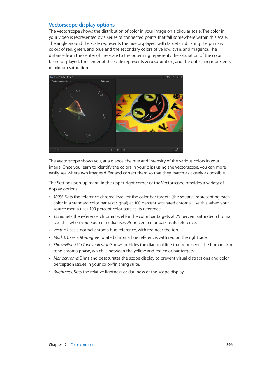 Vectorscope display options | Apple Final Cut Pro X (10.1.2) User Manual | Page 396 / 495