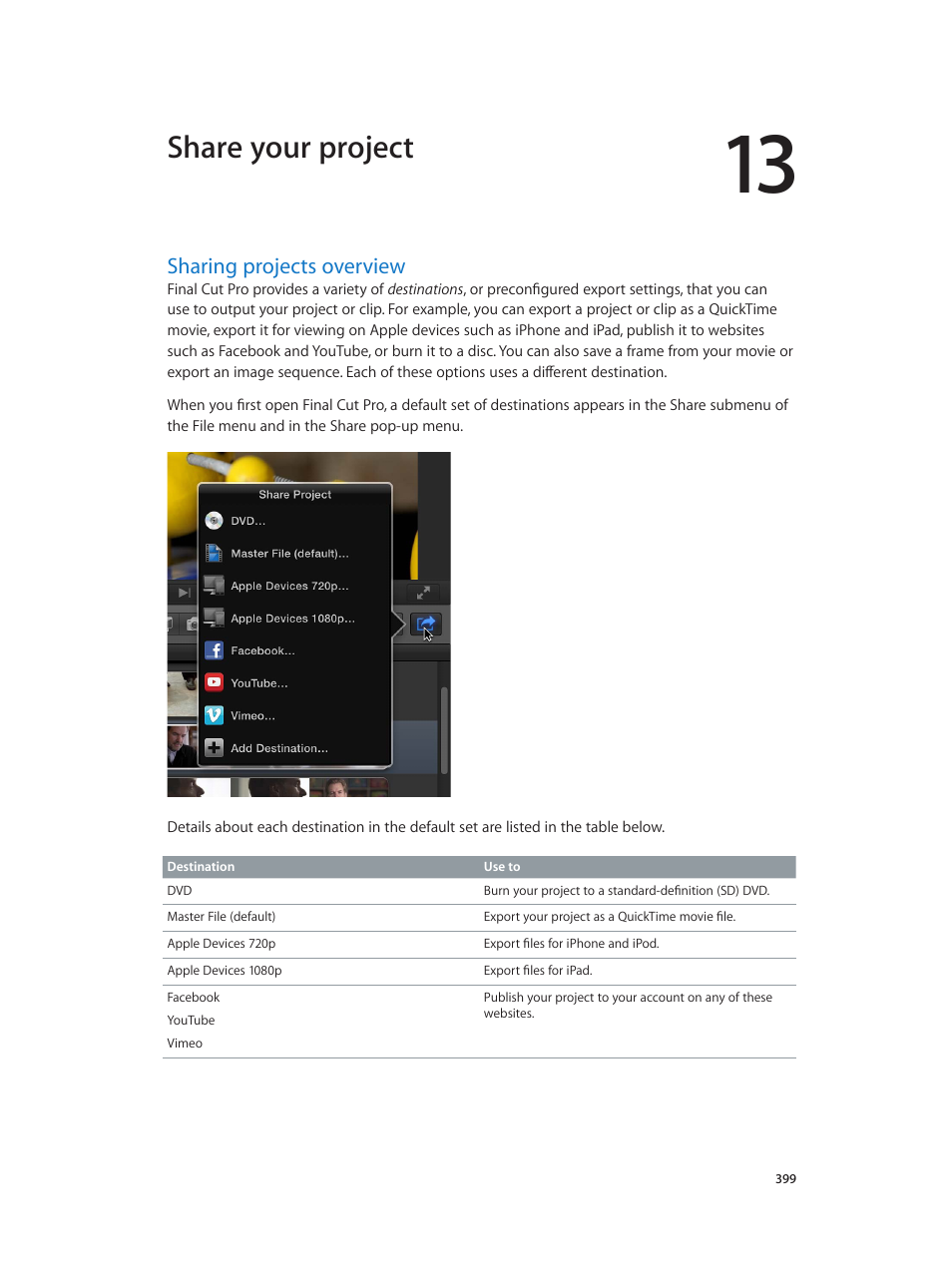 Chapter 13: share your project, Sharing projects overview, 399 sharing projects overview | Share your project | Apple Final Cut Pro X (10.1.2) User Manual | Page 399 / 495
