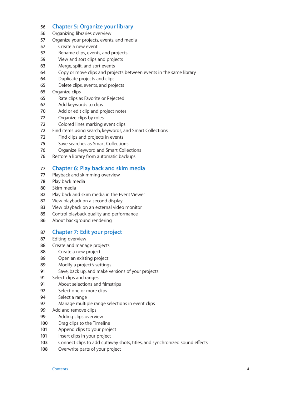 Chapter 5: organize your library, Chapter 6: play back and skim media, Chapter 7: edit your project | Apple Final Cut Pro X (10.1.2) User Manual | Page 4 / 495