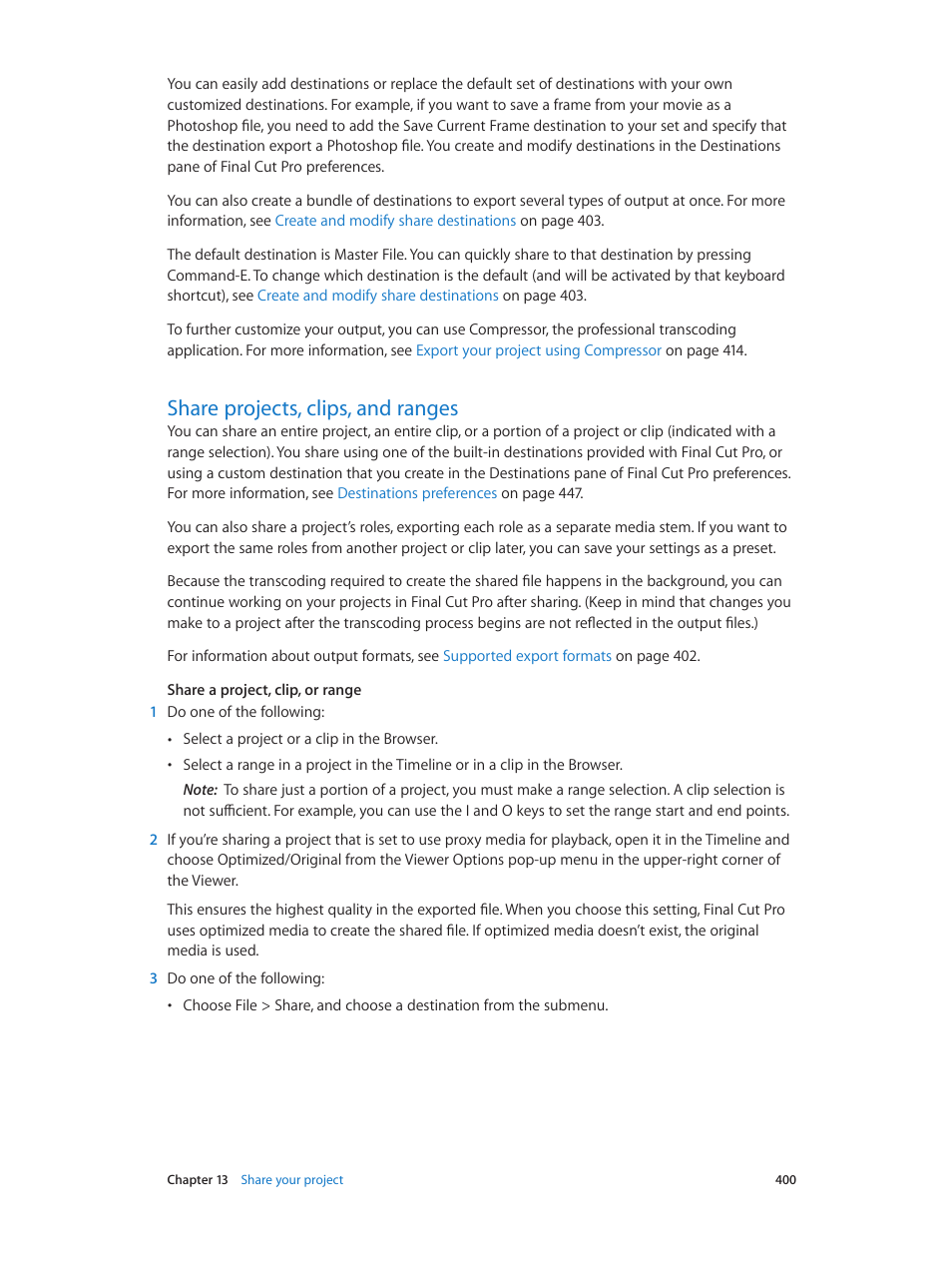 Share projects, clips, and ranges, 400 share projects, clips, and ranges, Share projects, clips, and | Ranges | Apple Final Cut Pro X (10.1.2) User Manual | Page 400 / 495