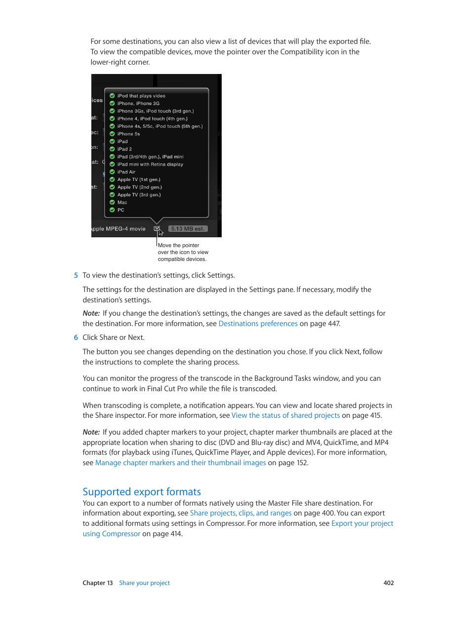 Supported export formats, 402 supported export formats | Apple Final Cut Pro X (10.1.2) User Manual | Page 402 / 495
