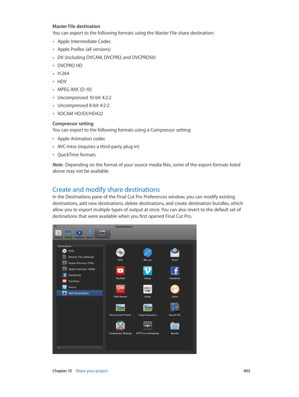 Create and modify share destinations, 403 create and modify share destinations | Apple Final Cut Pro X (10.1.2) User Manual | Page 403 / 495
