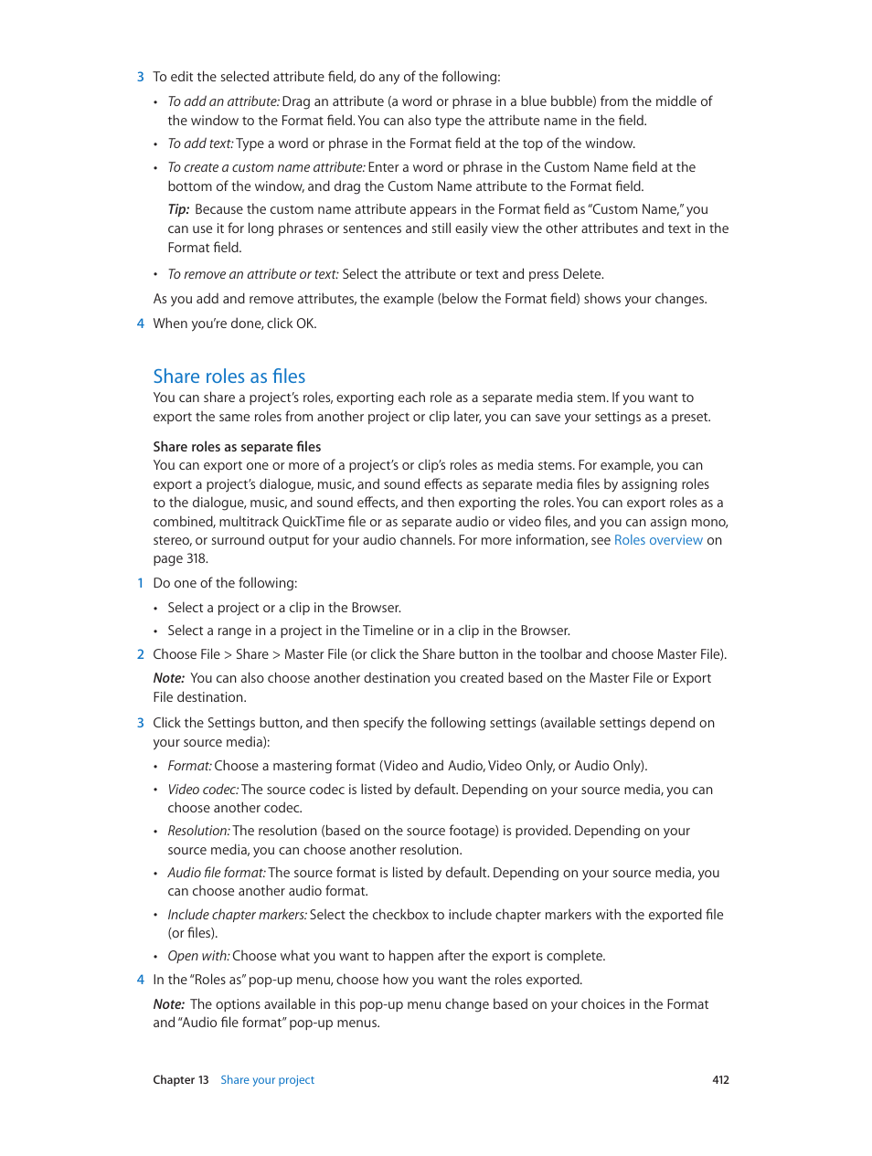 Share roles as files, 412 share roles as files | Apple Final Cut Pro X (10.1.2) User Manual | Page 412 / 495