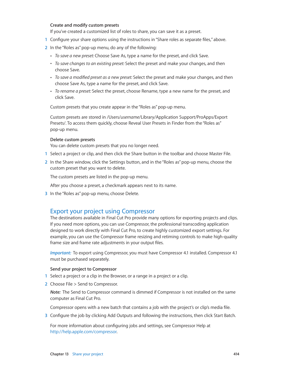 Export your project using compressor, 414 export your project using compressor, Export your project | Using compressor | Apple Final Cut Pro X (10.1.2) User Manual | Page 414 / 495