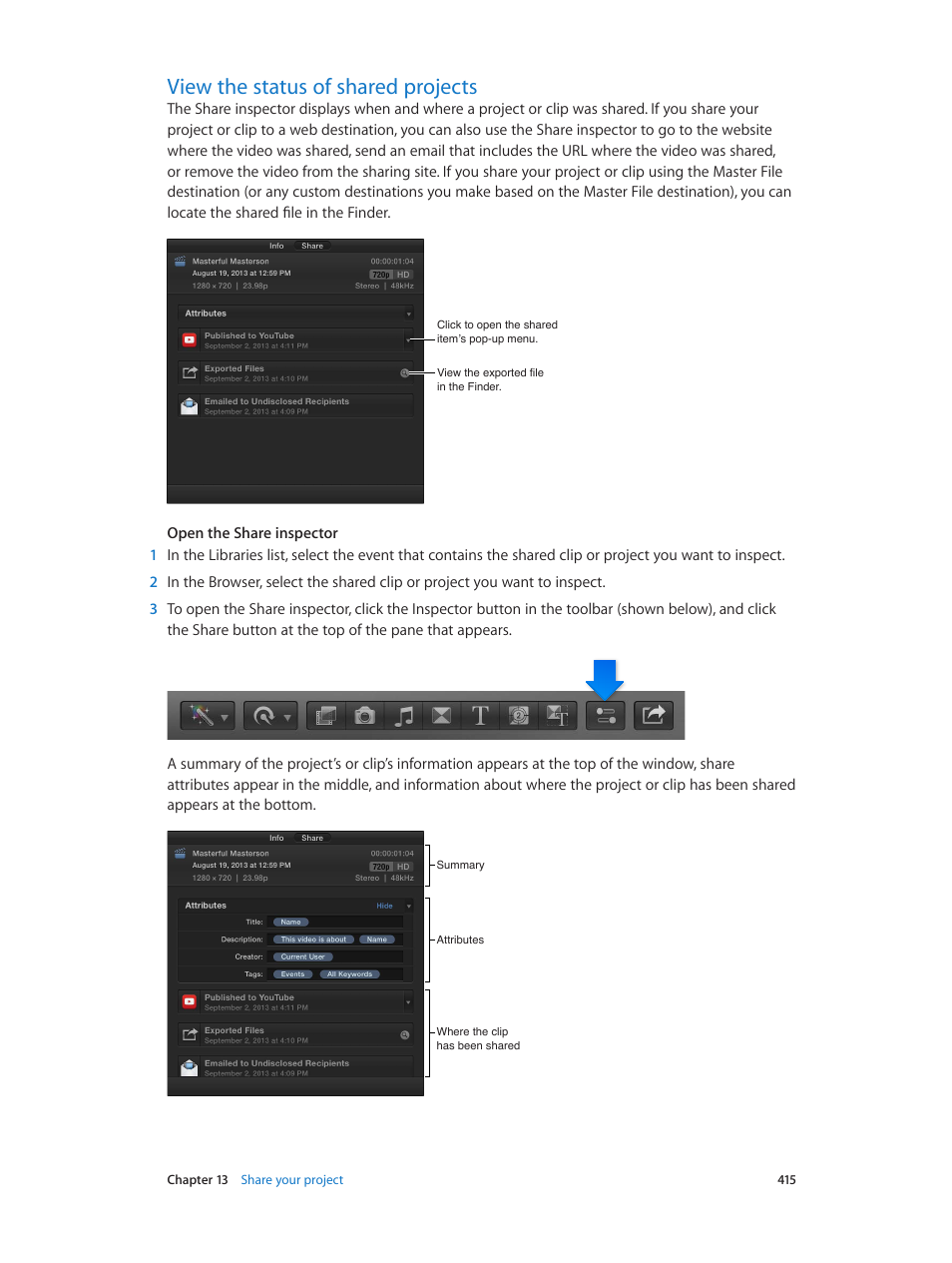 View the status of shared projects, 415 view the status of shared projects | Apple Final Cut Pro X (10.1.2) User Manual | Page 415 / 495
