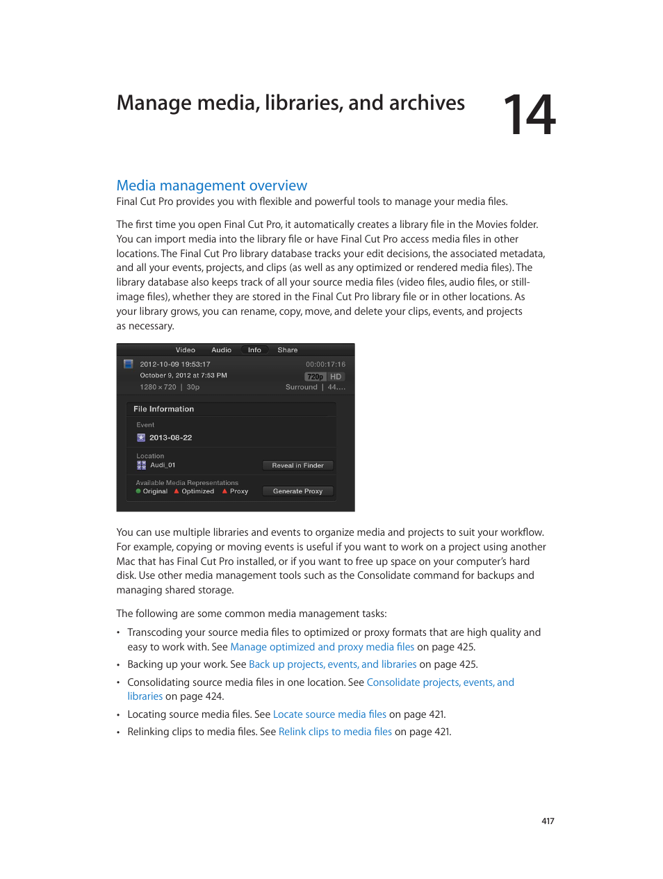 Chapter 14: manage media, libraries, and archives, Media management overview, 417 media management overview | Media management, Overview, Manage media, libraries, and archives | Apple Final Cut Pro X (10.1.2) User Manual | Page 417 / 495