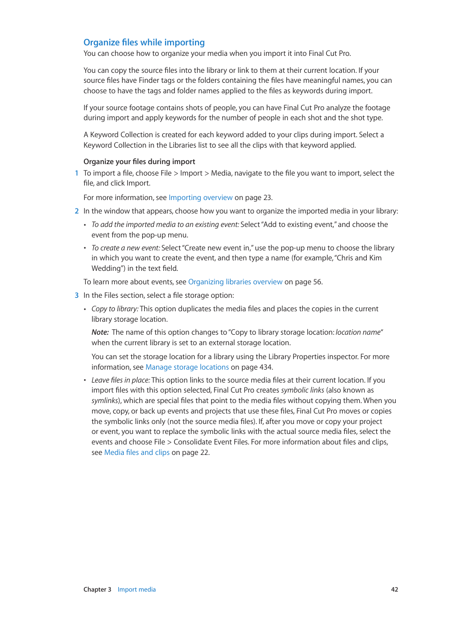 Organize files while importing, 42 and | Apple Final Cut Pro X (10.1.2) User Manual | Page 42 / 495