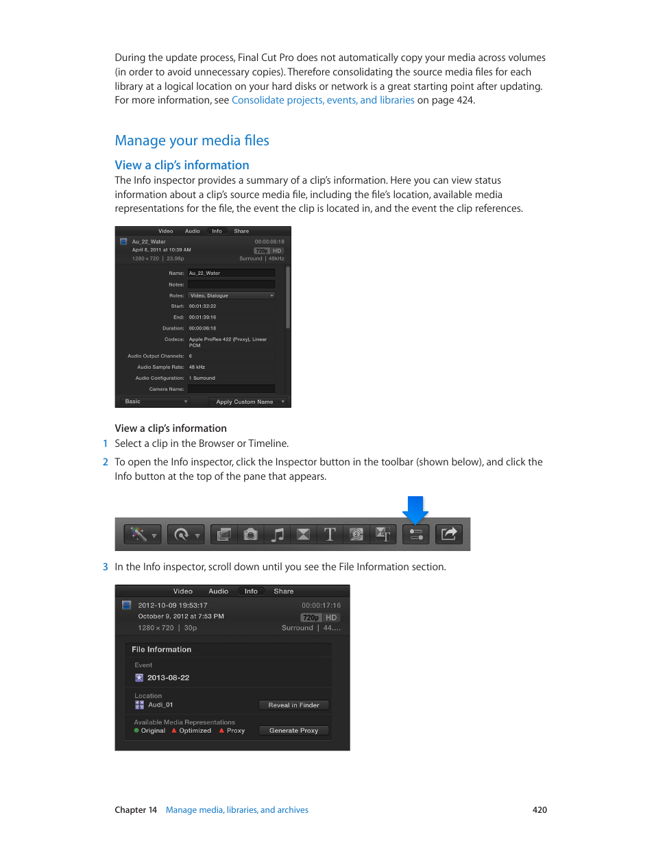 Manage your media files, View a clip’s information, 420 manage your media files 420 | Apple Final Cut Pro X (10.1.2) User Manual | Page 420 / 495