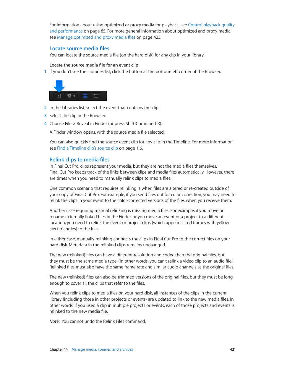Locate source media files, Relink clips to media files, Locate source media | Files | Apple Final Cut Pro X (10.1.2) User Manual | Page 421 / 495