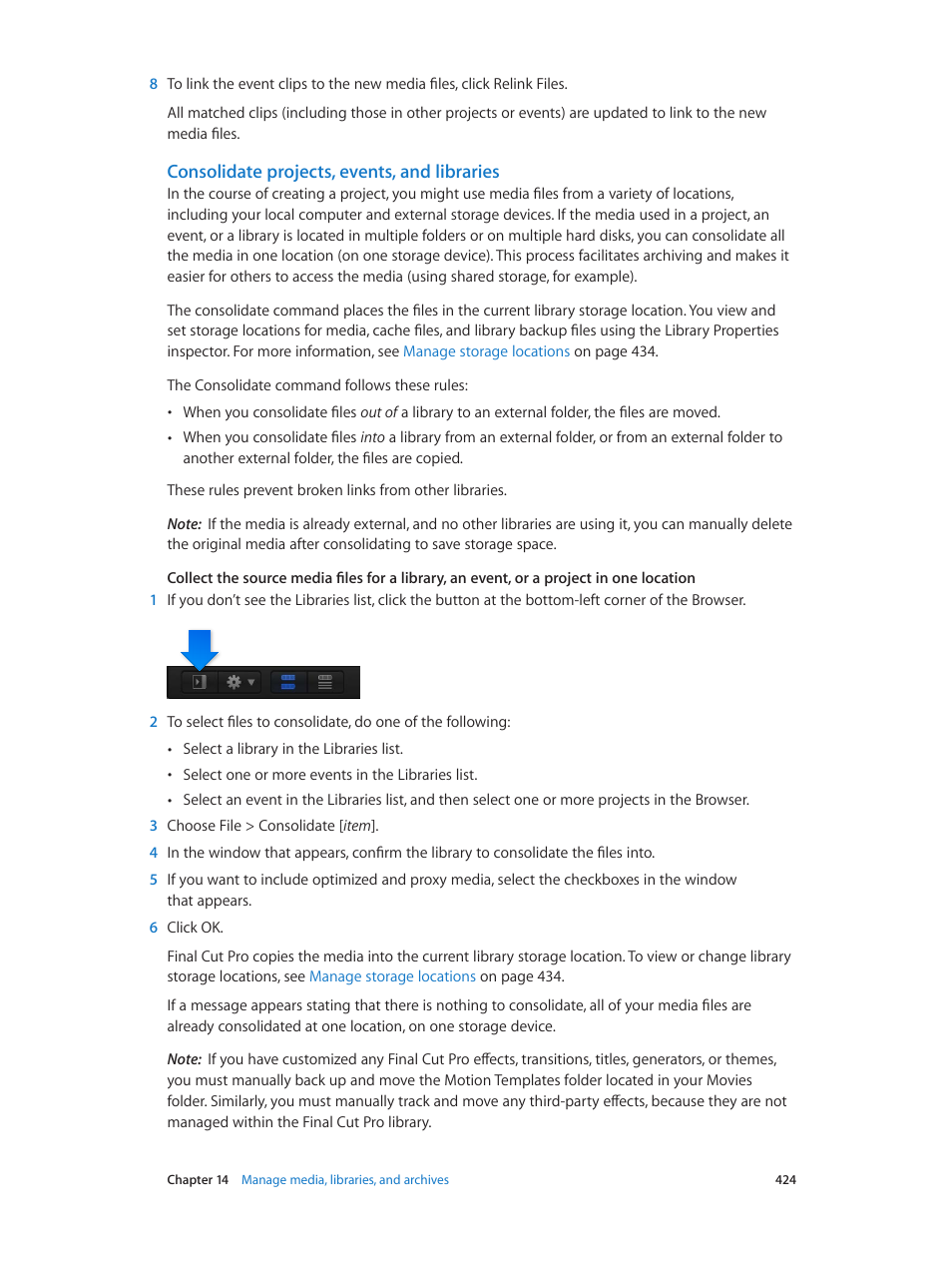 Consolidate projects, events, and libraries, Consolidate projects, events, and, Libraries | Apple Final Cut Pro X (10.1.2) User Manual | Page 424 / 495