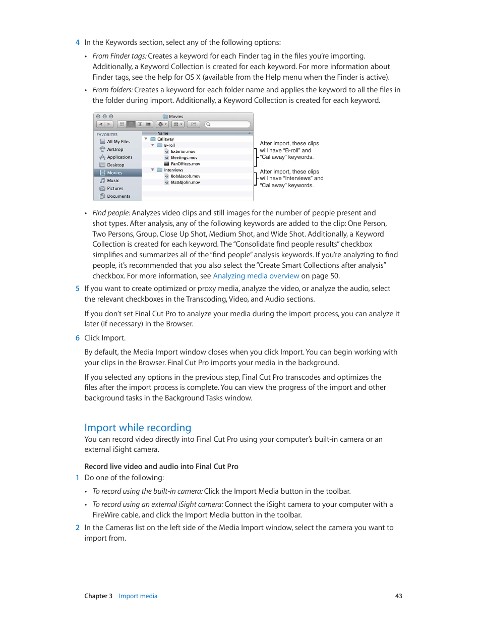 Import while recording, 43 import while recording | Apple Final Cut Pro X (10.1.2) User Manual | Page 43 / 495