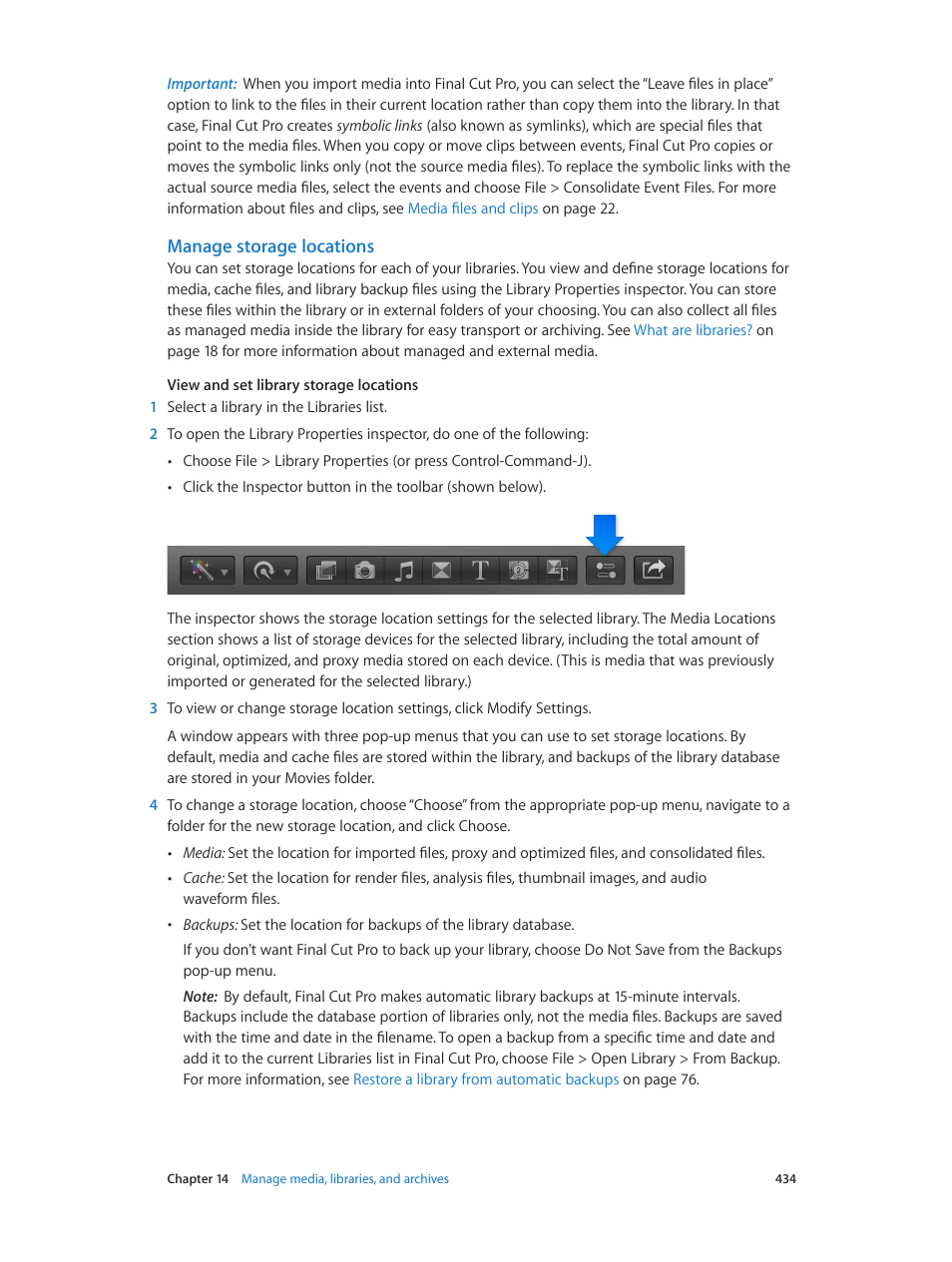 Manage storage locations, Manage, Storage locations | Manage storage, Locations | Apple Final Cut Pro X (10.1.2) User Manual | Page 434 / 495