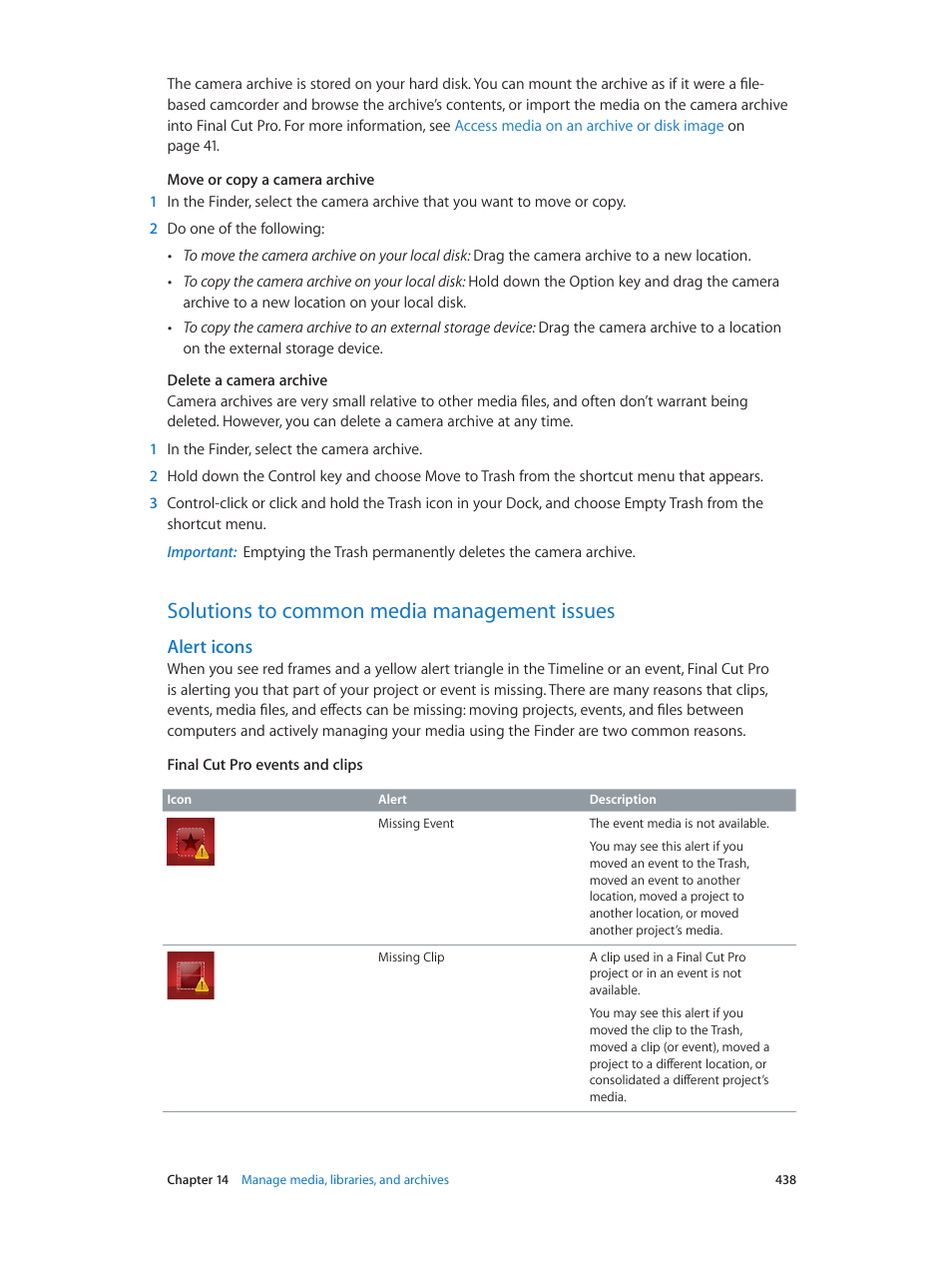 Solutions to common media management issues, Alert icons, 438 f | Apple Final Cut Pro X (10.1.2) User Manual | Page 438 / 495